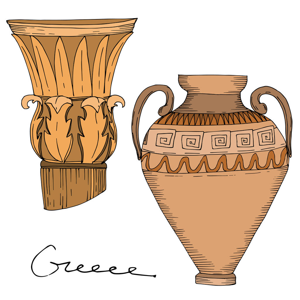 Vector Antieke Griekse amforen en kolommen. Zwart-wit gegraveerde inktkunst. Geïsoleerd oud illustratie-element. - Vector, afbeelding