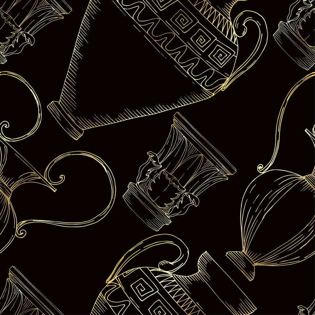 Vector Antique greek amphoras and columns. Black and white engraved ink art. Seamless background pattern. - Vector, Image