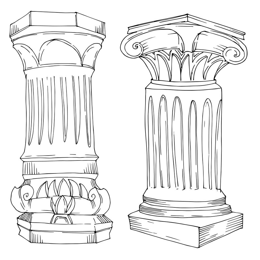 Vetor Colunas gregas antigas. Tinta gravada a preto e branco. Isolado elemento ilustração antiga
. - Vetor, Imagem