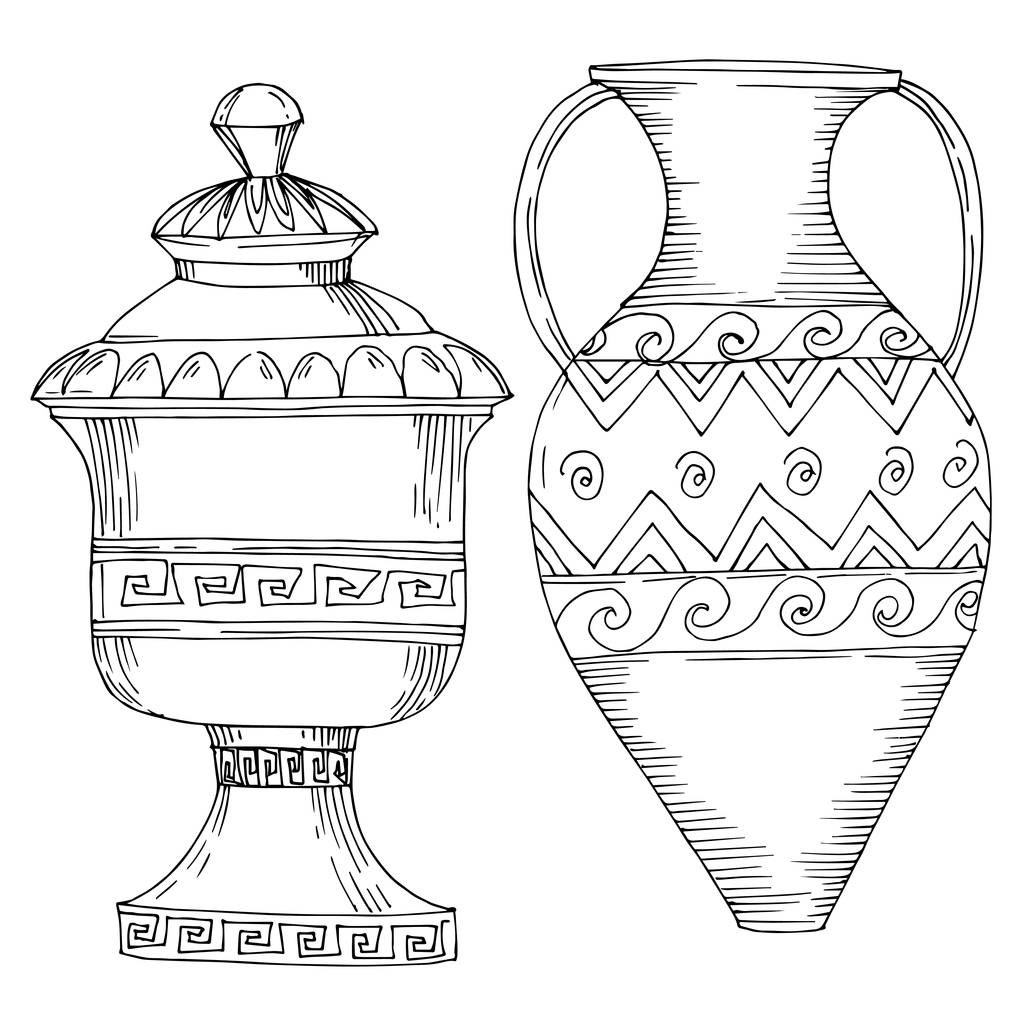 Vetor ânforas gregas antigas. Tinta gravada a preto e branco. Isolado elemento ilustração antiga
. - Vetor, Imagem