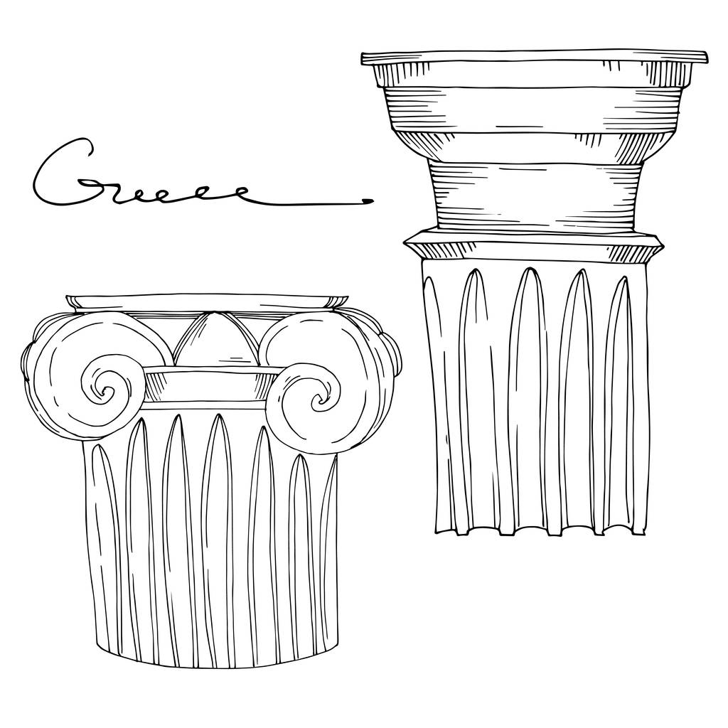 Vector Antique greek columns. Black and white engraved ink art. Isolated ancient illustration element. - Vector, Image