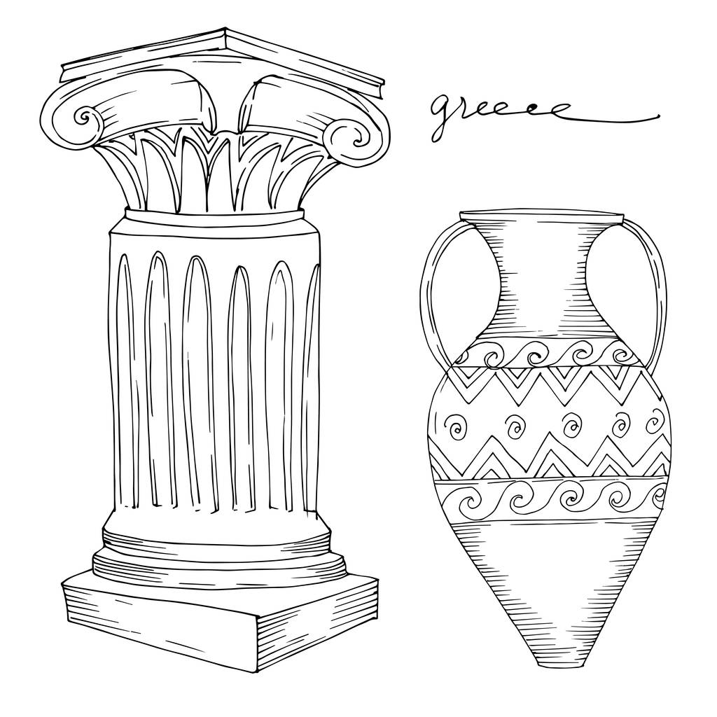 Векторные античные греческие амфоры и колонны. Черно-белый рисунок чернил. Изолированный древний элемент иллюстрации
. - Вектор,изображение
