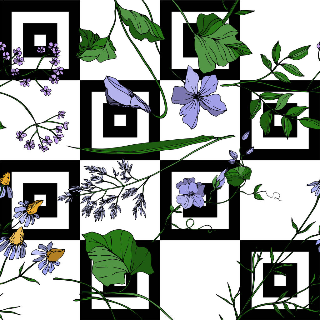 Vector Wildbloemen bloemen bloemen botanische bloemen. Zwart-wit gegraveerde inktkunst. Naadloze achtergrond patroon. - Vector, afbeelding