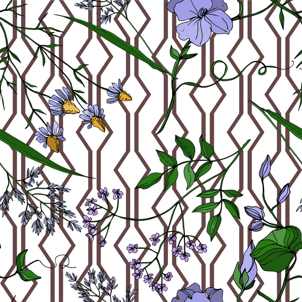 Vektor Vadvirágok virágos botanikai virágok. Fekete-fehér vésett tinta művészet. Zökkenőmentes háttér minta. - Vektor, kép