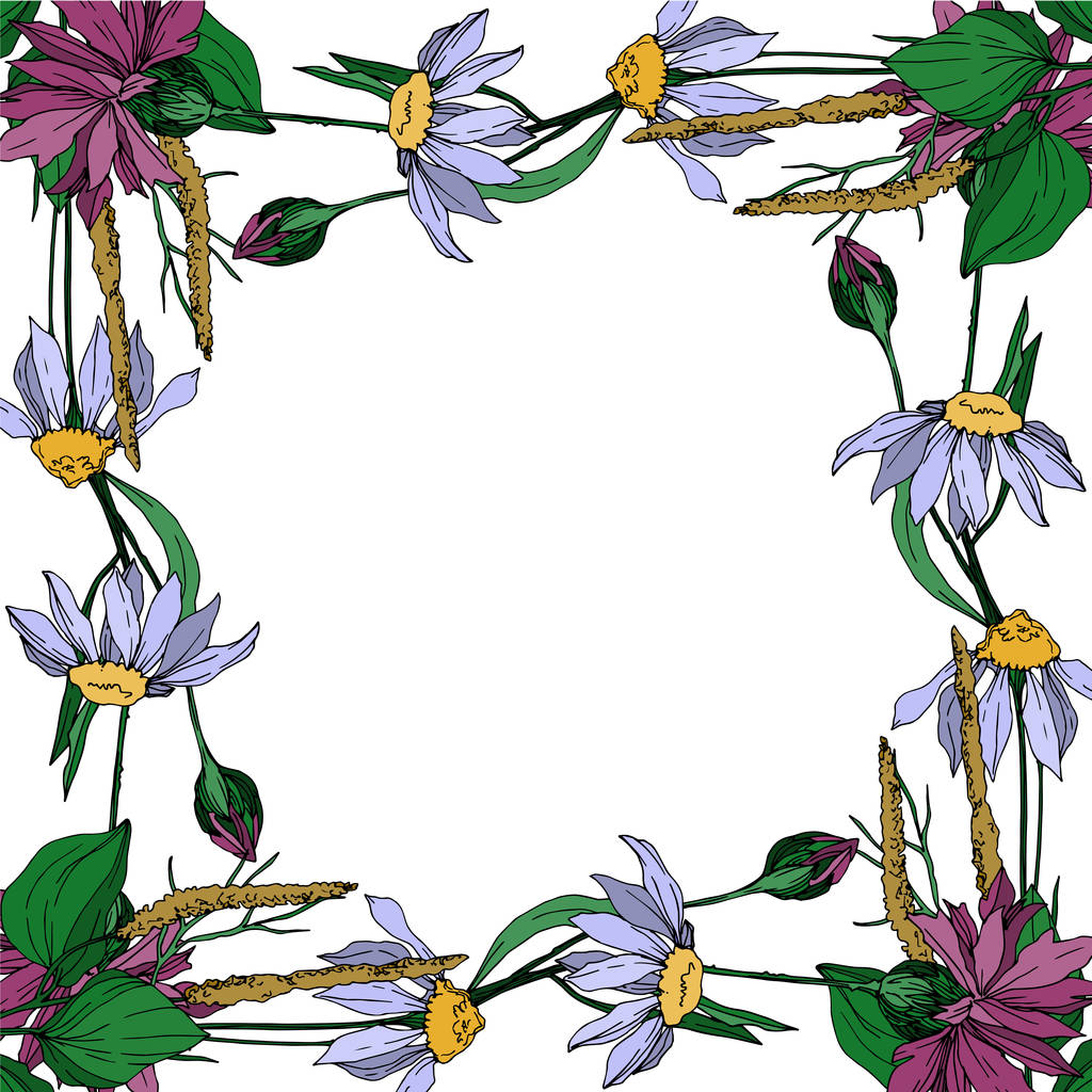 Vektorwildblumen florale botanische Blumen. Schwarz-weiß gestochene Tuschekunst. Rahmen Rand Ornament Quadrat. - Vektor, Bild