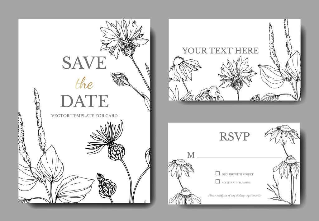 Vector wildflowers botanical flowers. Black and white engraved ink art. Wedding background card decorative border. - Vector, Image