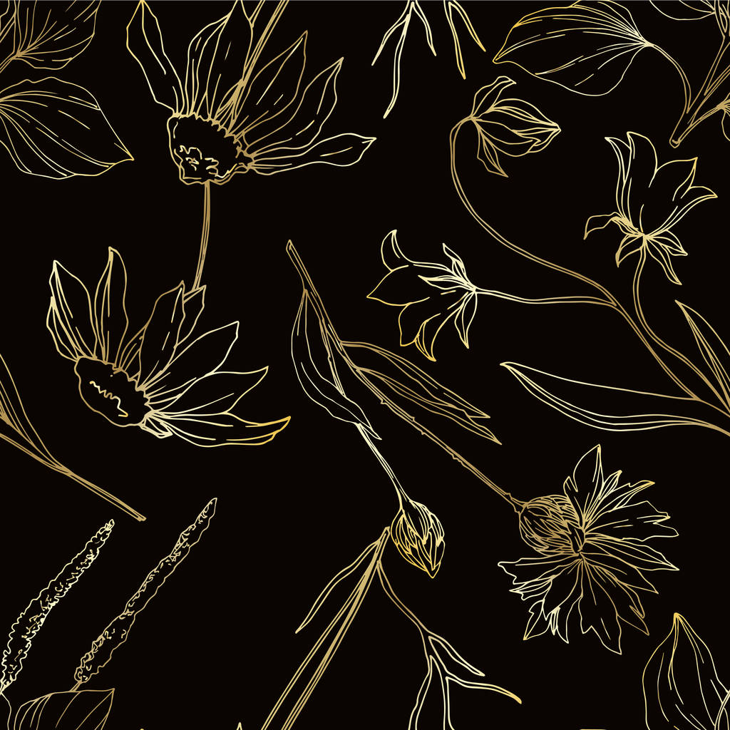 ベクトル野生の花植物の花。黒と白の刻まインクアート。シームレスな背景パターン. - ベクター画像