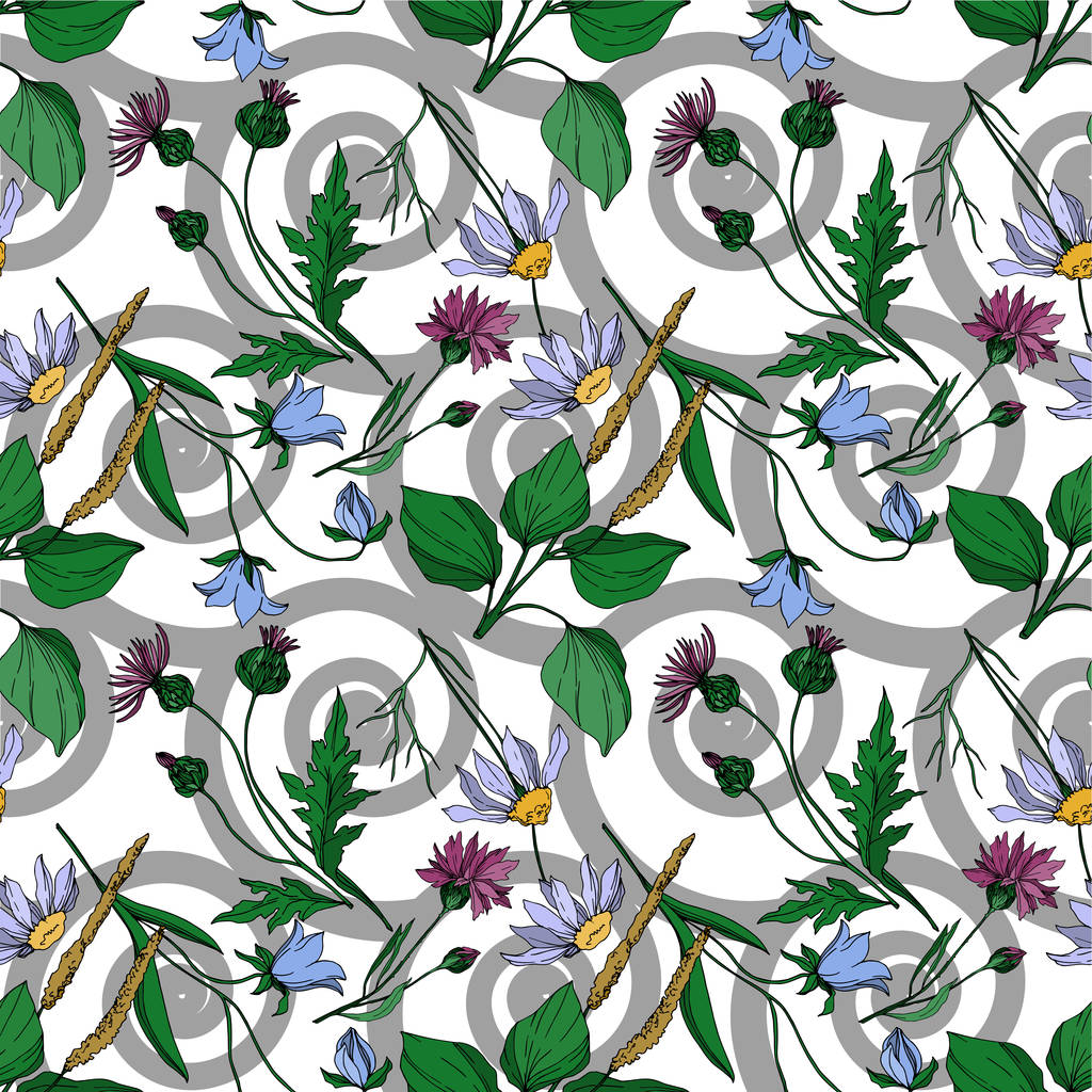 Διάνυσμα αγριολούλουδα ανθικά βοτανικά λουλούδια. Μαύρο και άσπρο χαραγμένο μελάνι τέχνης. Χωρίς ραφή μοτίβο φόντου. - Διάνυσμα, εικόνα