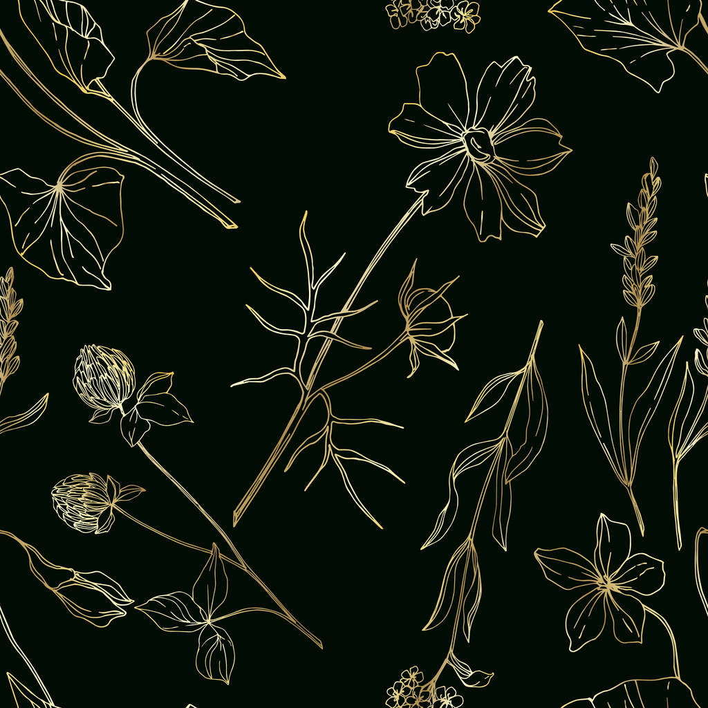 Fiori botanici floreali vettoriali Wildflower. Inchiostro inciso in bianco e nero art. Modello di sfondo senza soluzione di continuità
. - Vettoriali, immagini