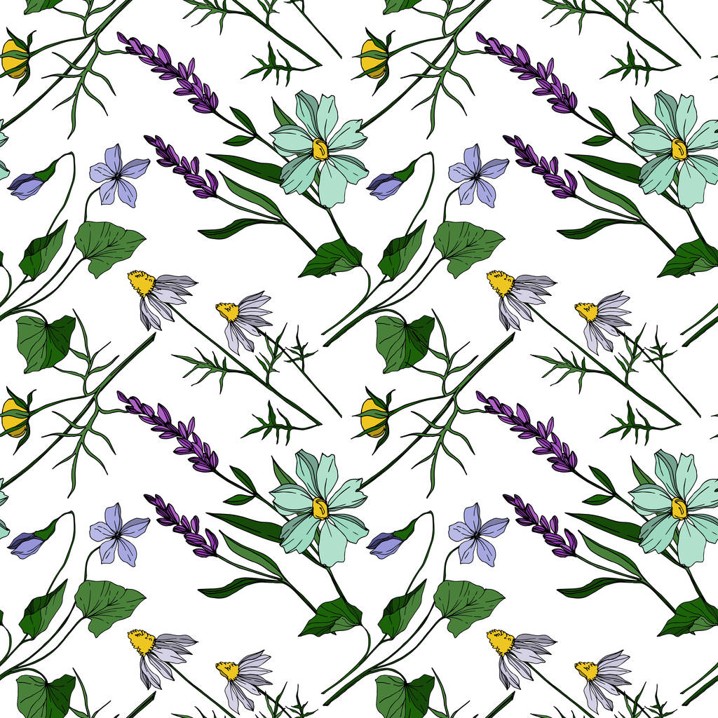 Vector wildflower floral botanical flowers. Black and white engraved ink art. Seamless background pattern. - Vector, Image