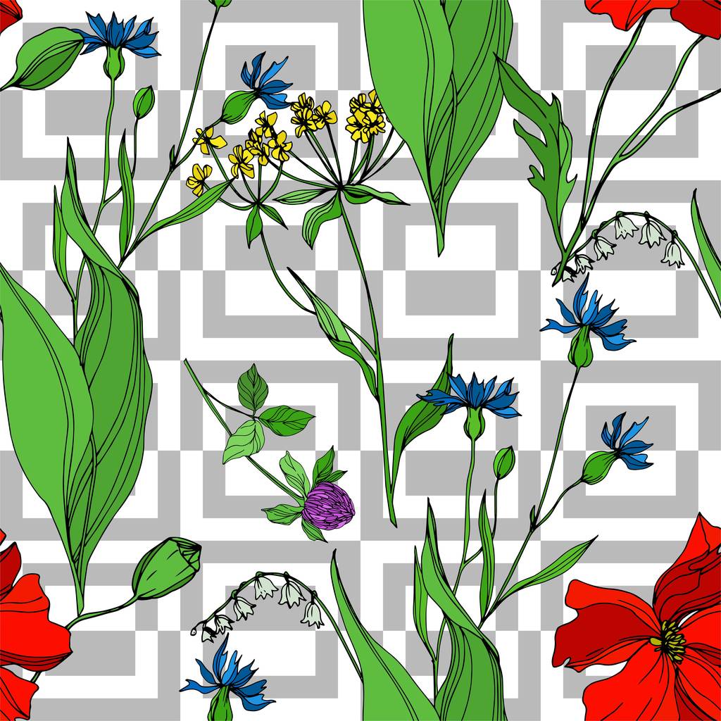 Vektorwildblumen florale botanische Blumen. Schwarz-weiß gestochene Tuschekunst. nahtloses Hintergrundmuster. - Vektor, Bild