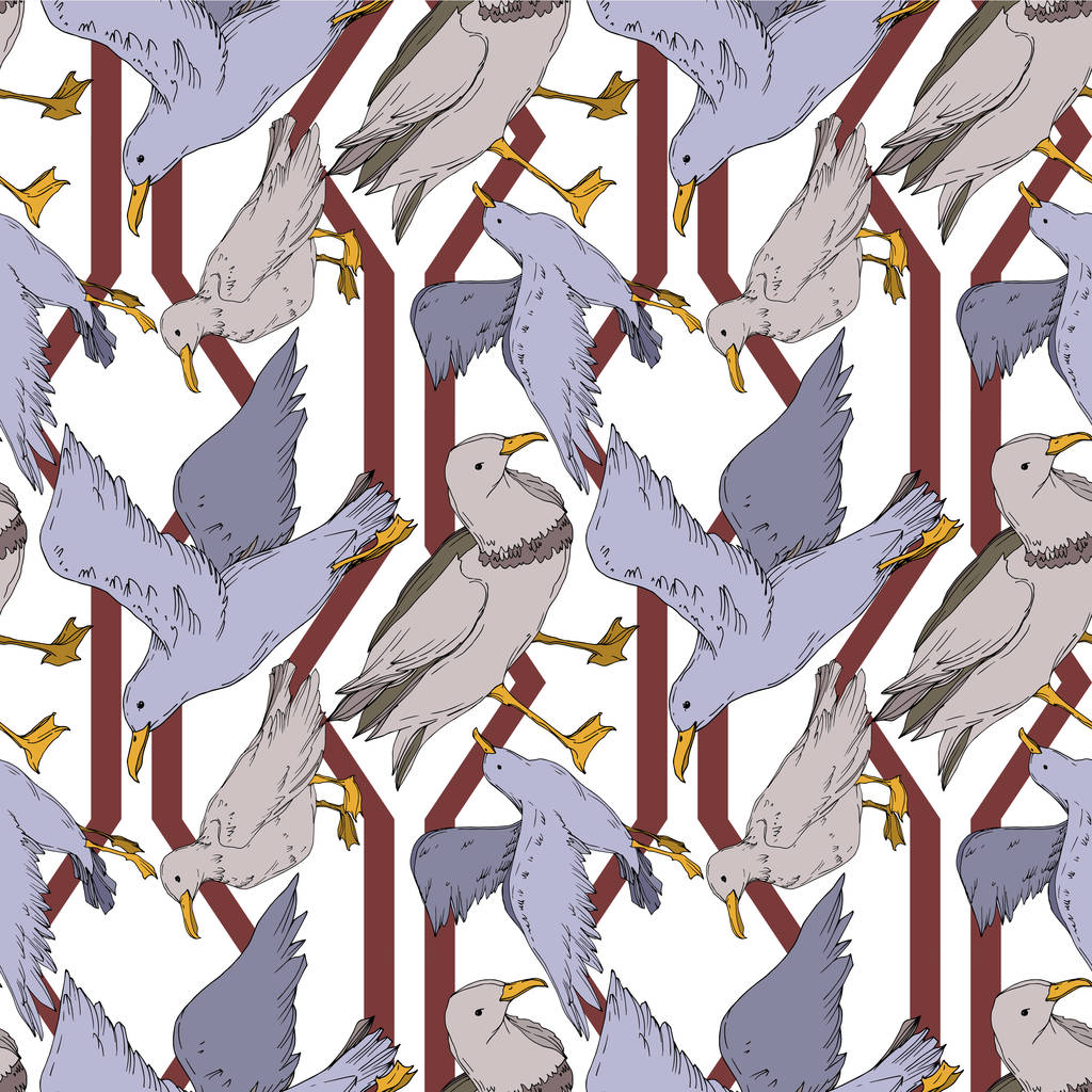 Vector Sky bird seagull isolated. Black and white engraved ink art. Seamless background pattern. - Vector, Image