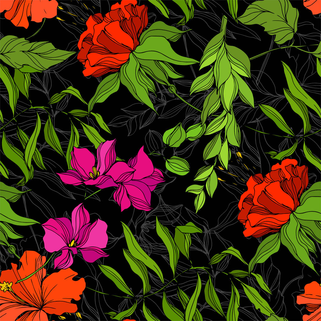 Vector Tropical floral botanical flower. Engraved ink art. Seamless background pattern. Fabric wallpaper print texture. - Vector, Image