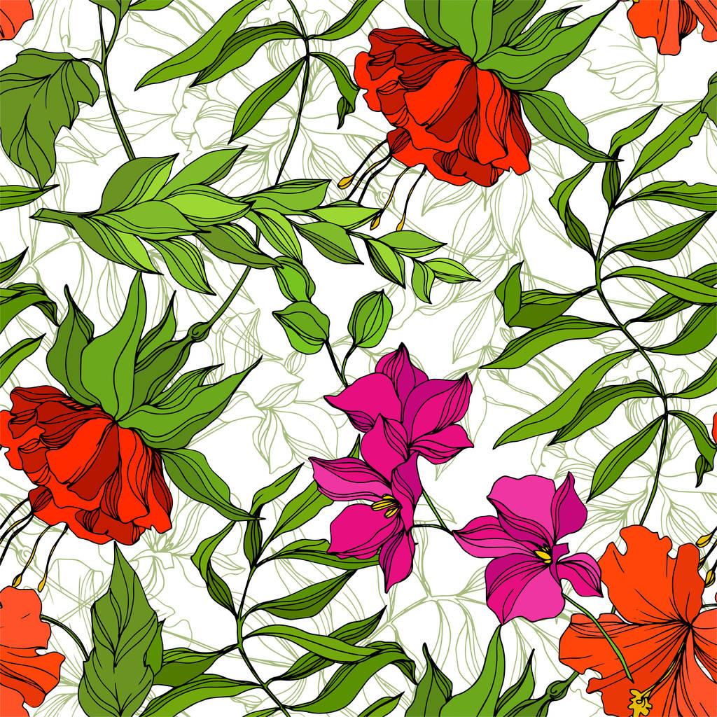 Vektor Tropická květinová botanická květina. Ryté inkoustem. Bezproblémový vzor pozadí. Textilní tapety tiskové textury. - Vektor, obrázek