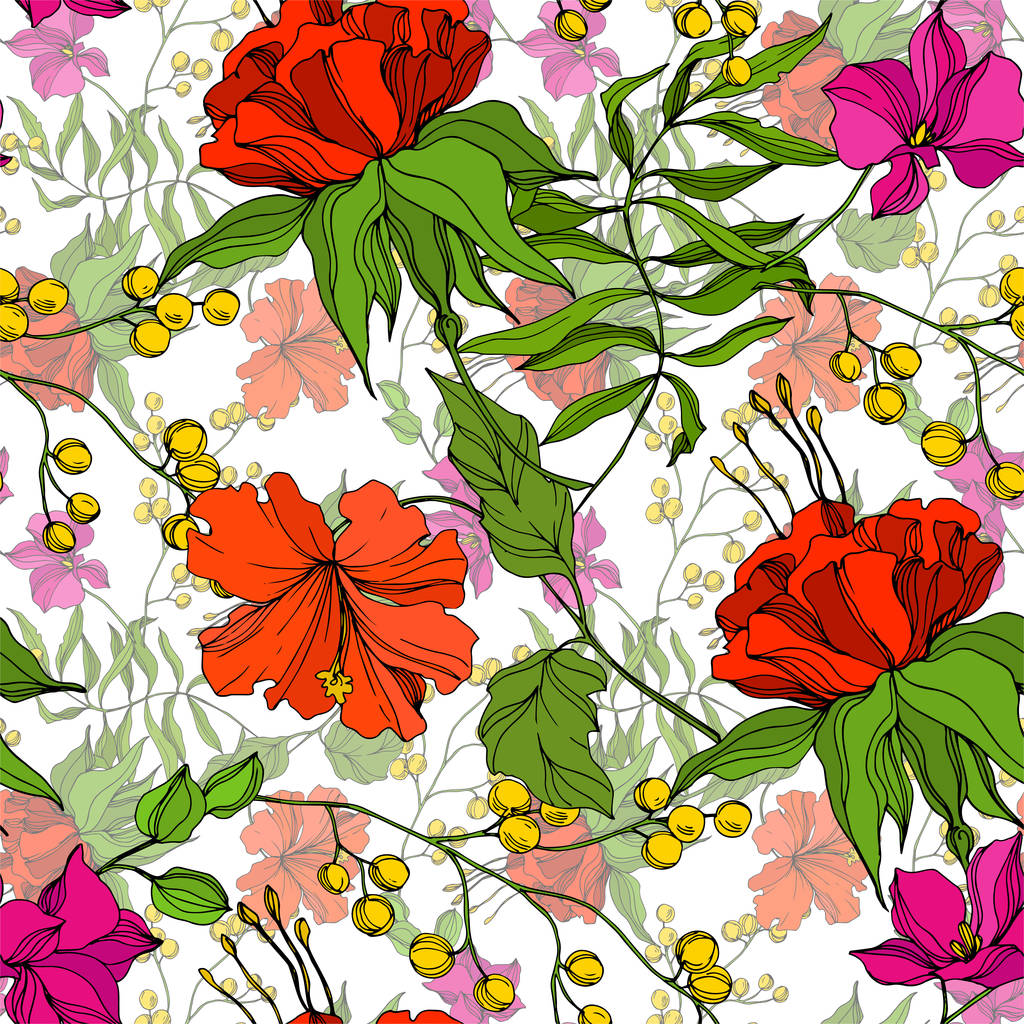 Vector Tropische bloemen botanische bloem. Gegraveerde inkt kunst. Naadloos achtergrondpatroon. stof behang print textuur. - Vector, afbeelding