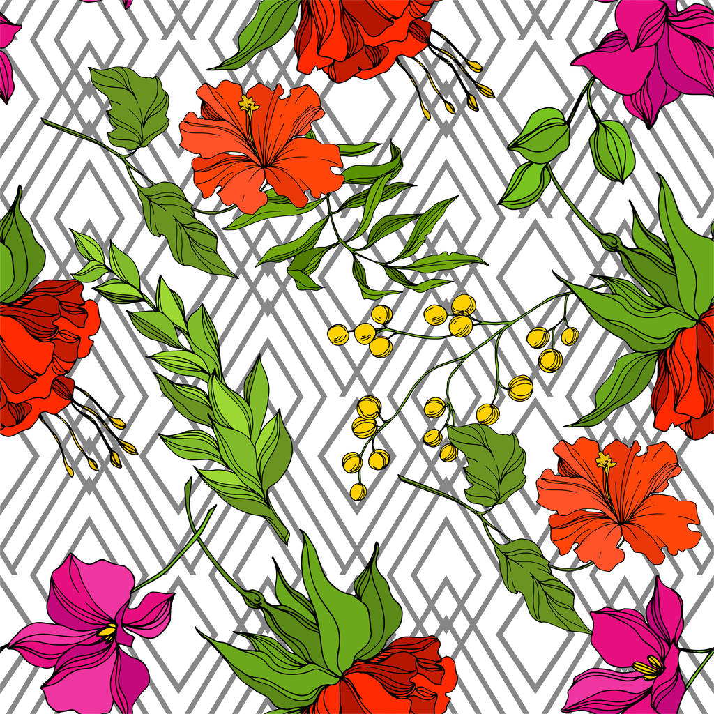 Διάνυσμα τροπικό λουλούδι βοτανικό λουλούδι. Χαραγμένο μελάνι τέχνης. Απρόσκοπτη μοτίβο φόντου. Ύφασμα ταπετσαρία εκτύπωση υφή. - Διάνυσμα, εικόνα
