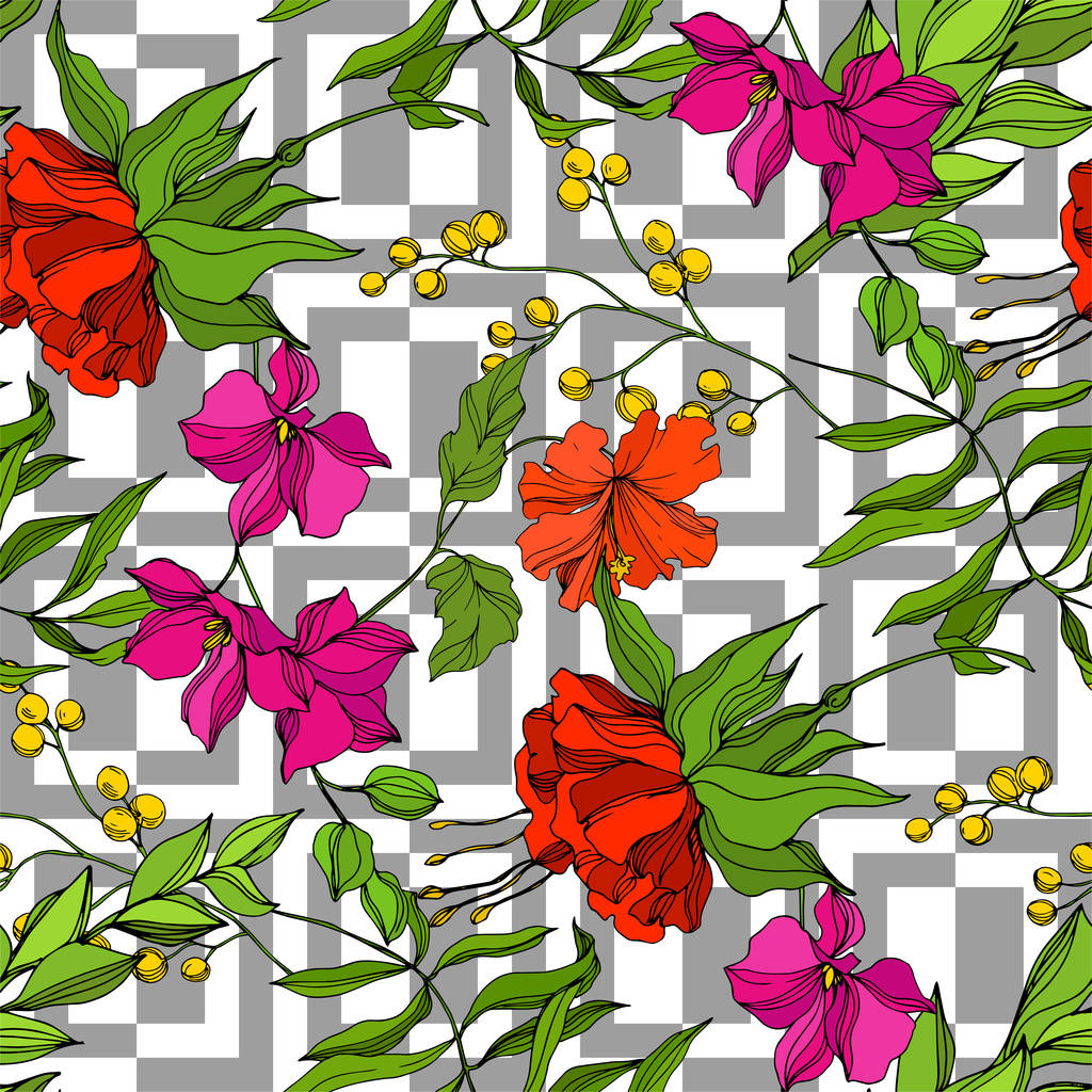 Vektor Trópusi virágos botanikus virág. Vésett tintaművészet. Zökkenőmentes háttér minta. Szövet tapéta nyomat textúra. - Vektor, kép