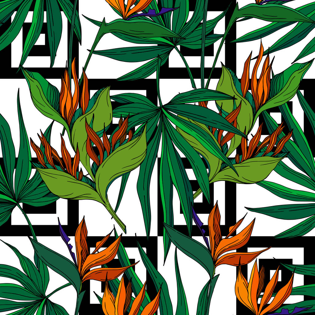 ベクトル熱帯植物の花 野生の春の葉の野生の花を隔離 黒と白の刻まインクアート シームレスな背景パターン ファブリック壁紙 Print ロイヤリティフリーのベクターグラフィック画像