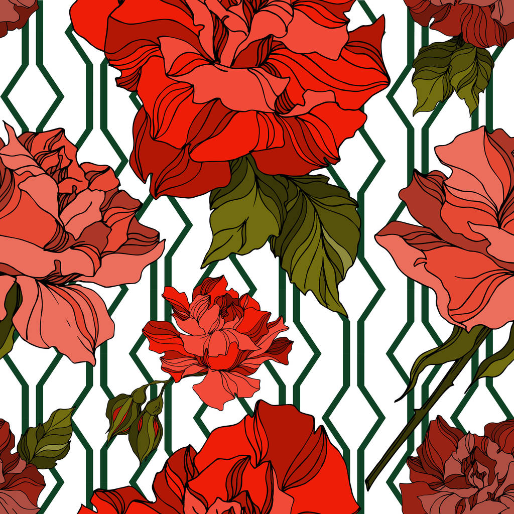 Vector Fleurs botaniques florales roses. Encre gravée en noir et blanc. Modèle de fond sans couture
. - Vecteur, image