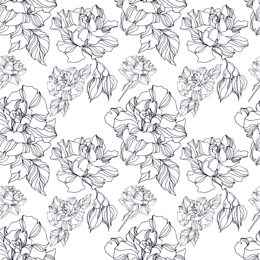 Vector Rose floral botanical flowers. Black and white engraved ink art. Seamless background pattern. - Vector, Image