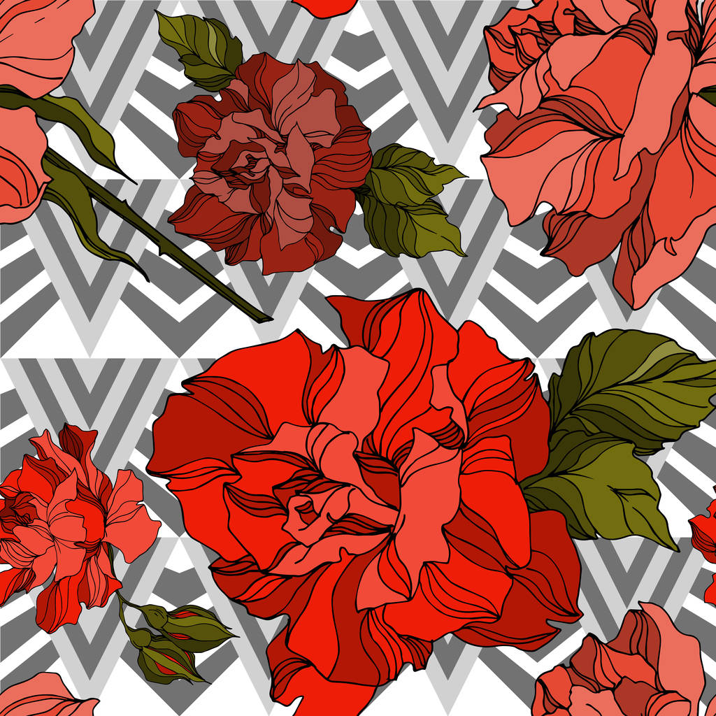 Vector Fleurs botaniques florales roses. Encre gravée en noir et blanc. Modèle de fond sans couture
. - Vecteur, image