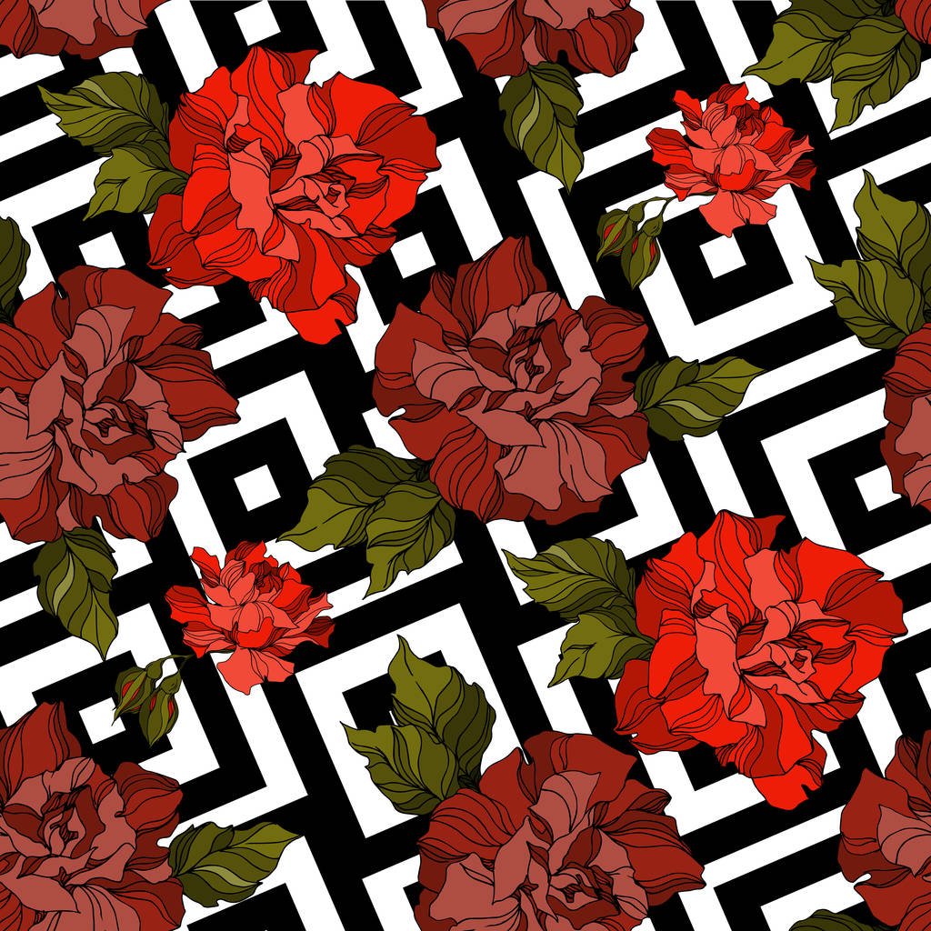 Vector roos bloemen botanische bloemen. Zwart-wit gegraveerde inktkunst. Naadloze achtergrond patroon. - Vector, afbeelding