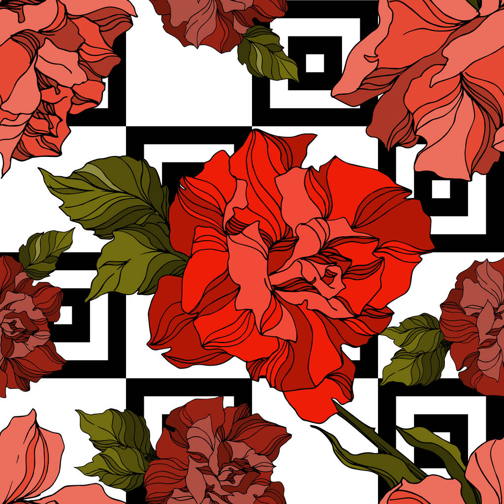 Vektor růže květinové botanické květiny. Černobílý rytý inkoust. Bezproblémové pozadí vzor. - Vektor, obrázek