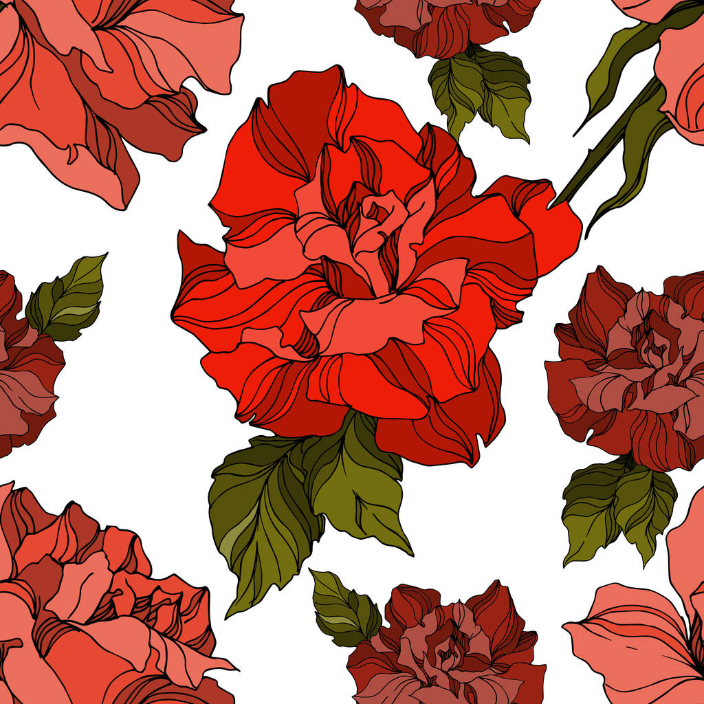 Vektor růže květinové botanické květiny. Černobílý rytý inkoust. Bezproblémové pozadí vzor. - Vektor, obrázek