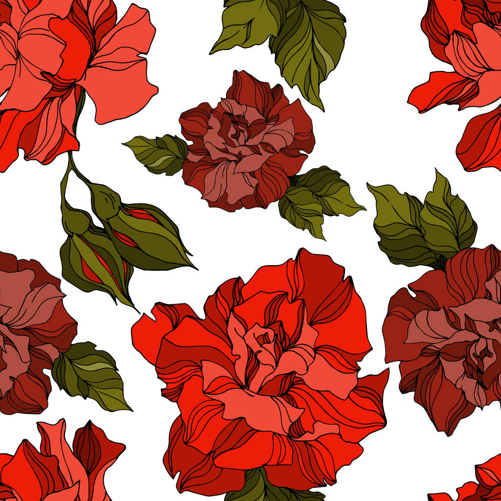 Vector Rose floral botanical flowers. Black and white engraved ink art. Seamless background pattern. - Vector, Image