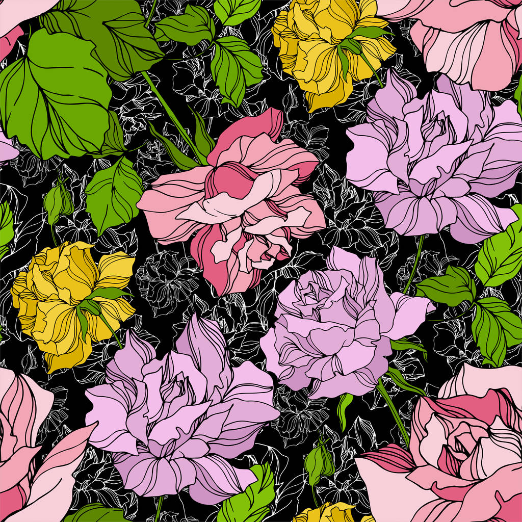Vektor Rose virágos botanikai virágok. Vad tavaszi levél vadvirág. Vésett tintaművészet. Zökkenőmentes háttér minta. - Vektor, kép