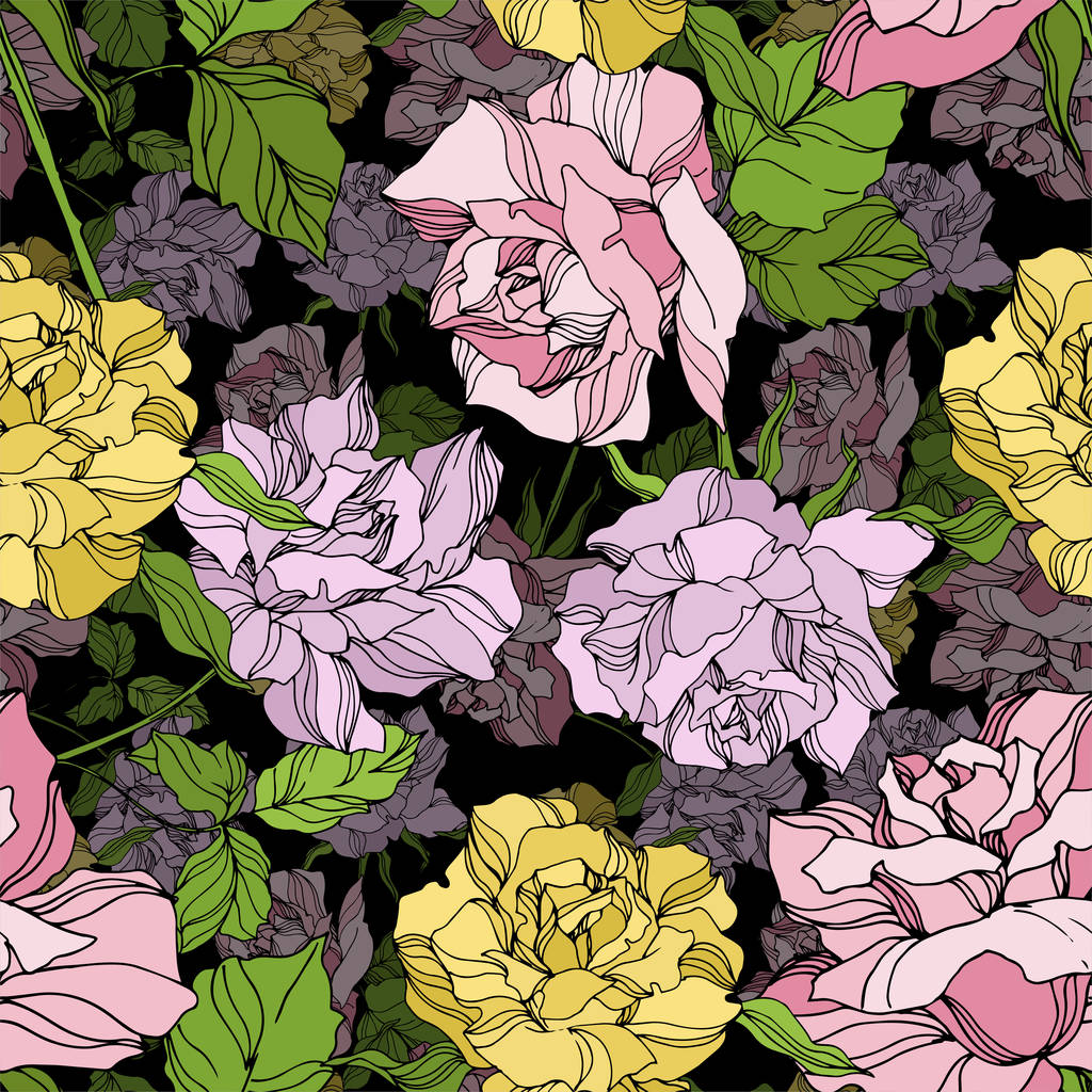 Květinové botanické květiny Vector Rose. Divoký jarní list. Ryté inkoustem. Bezproblémové pozadí vzor. - Vektor, obrázek