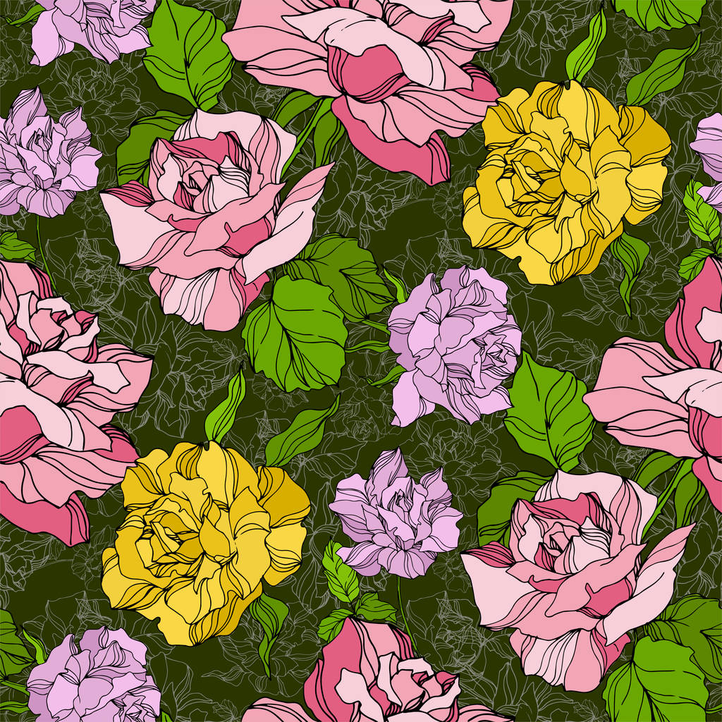 Vector Rose flores botánicas florales. Flor silvestre de hoja de primavera. Arte de tinta grabada. Patrón de fondo sin costuras
. - Vector, Imagen