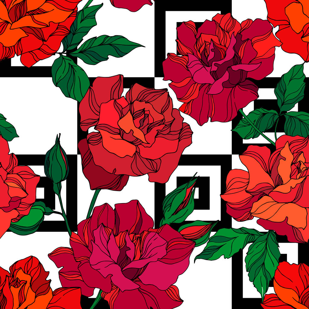 ベクトルバラの花植物の花。緑と赤の刻まインクアート。シームレスな背景パターン. - ベクター画像