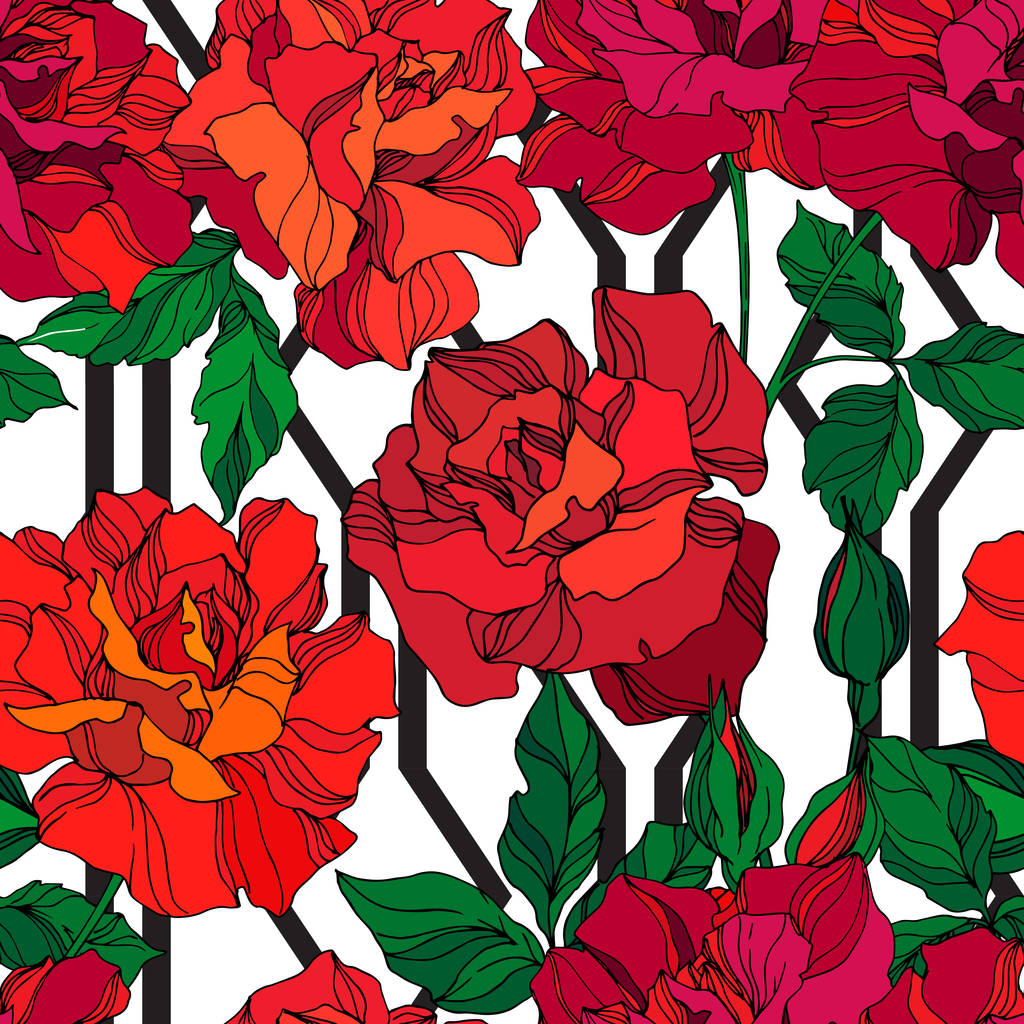 ベクトルバラの花植物の花。緑と赤の刻まインクアート。シームレスな背景パターン. - ベクター画像