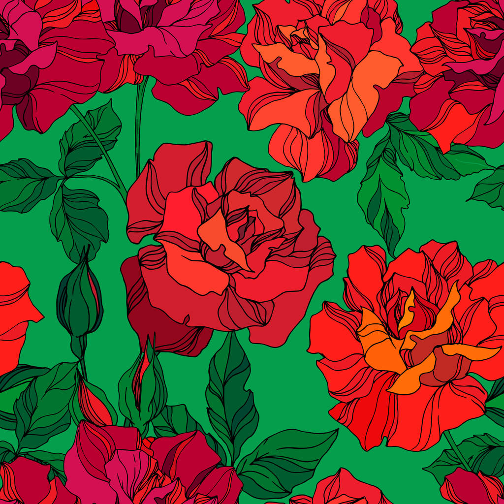 Vector Rose bloemen botanische bloemen. Groene en rode gegraveerde inkt kunst. Naadloze achtergrond patroon. - Vector, afbeelding