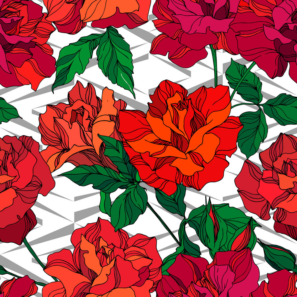 Květinové botanické květiny Vector Rose. Zelený a červený rytý inkoust. Bezproblémové pozadí vzor. - Vektor, obrázek