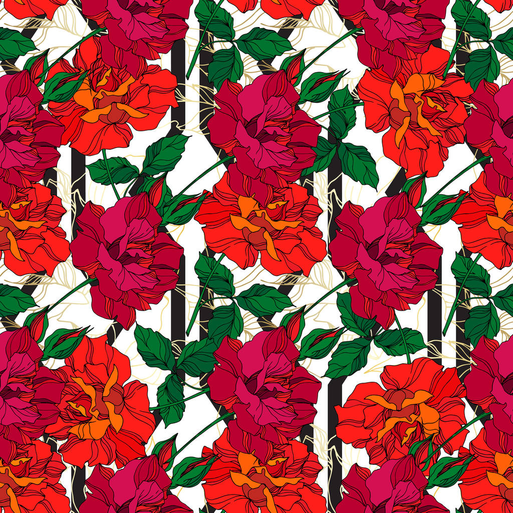 Wektor Rose kwiatowe kwiaty botaniczne. Zielona i czerwona grawerowana sztuka tuszu. Płynny wzór tła. - Wektor, obraz