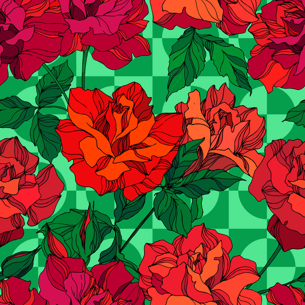Vector Rose flores botânicas florais. Arte de tinta verde e vermelha gravada. Padrão de fundo sem costura
. - Vetor, Imagem