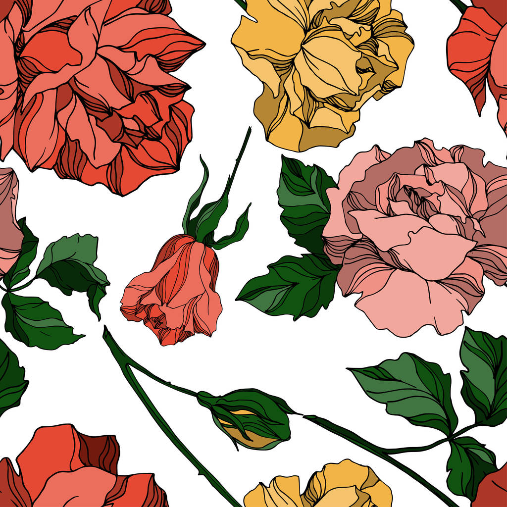 Vector Roses floral botanical flowers. Black and white engraved ink art. Seamless background pattern. - Vector, Image