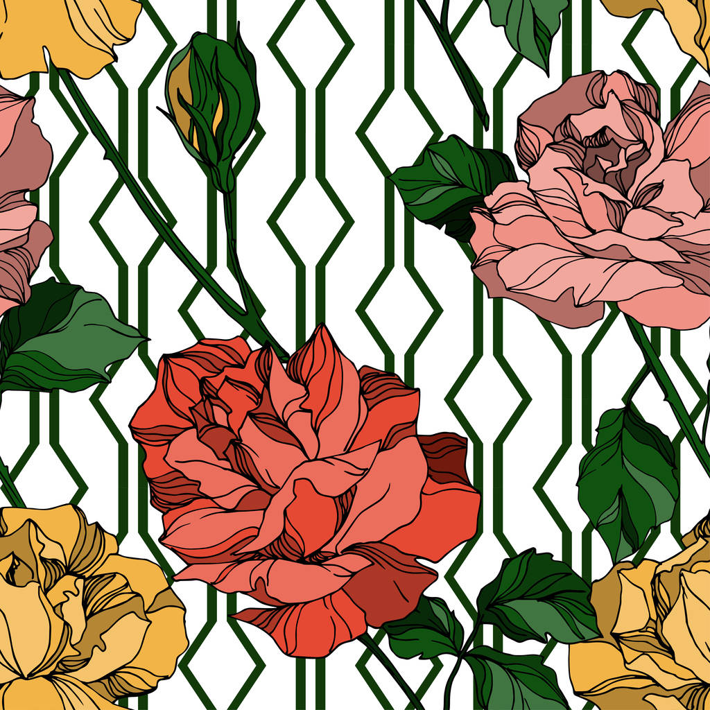 Διάνυσμα Τριαντάφυλλα ανθικά βοτανικά λουλούδια. Μαύρο και άσπρο χαραγμένο μελάνι τέχνης. Χωρίς ραφή μοτίβο φόντου. - Διάνυσμα, εικόνα