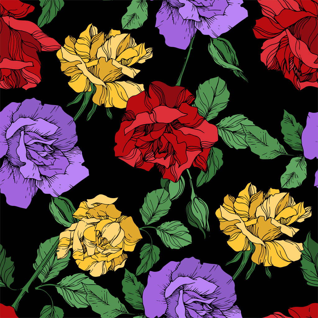 Vector rose floral botanical flowers. Black and white engraved ink art. Seamless background pattern. - Vector, Image