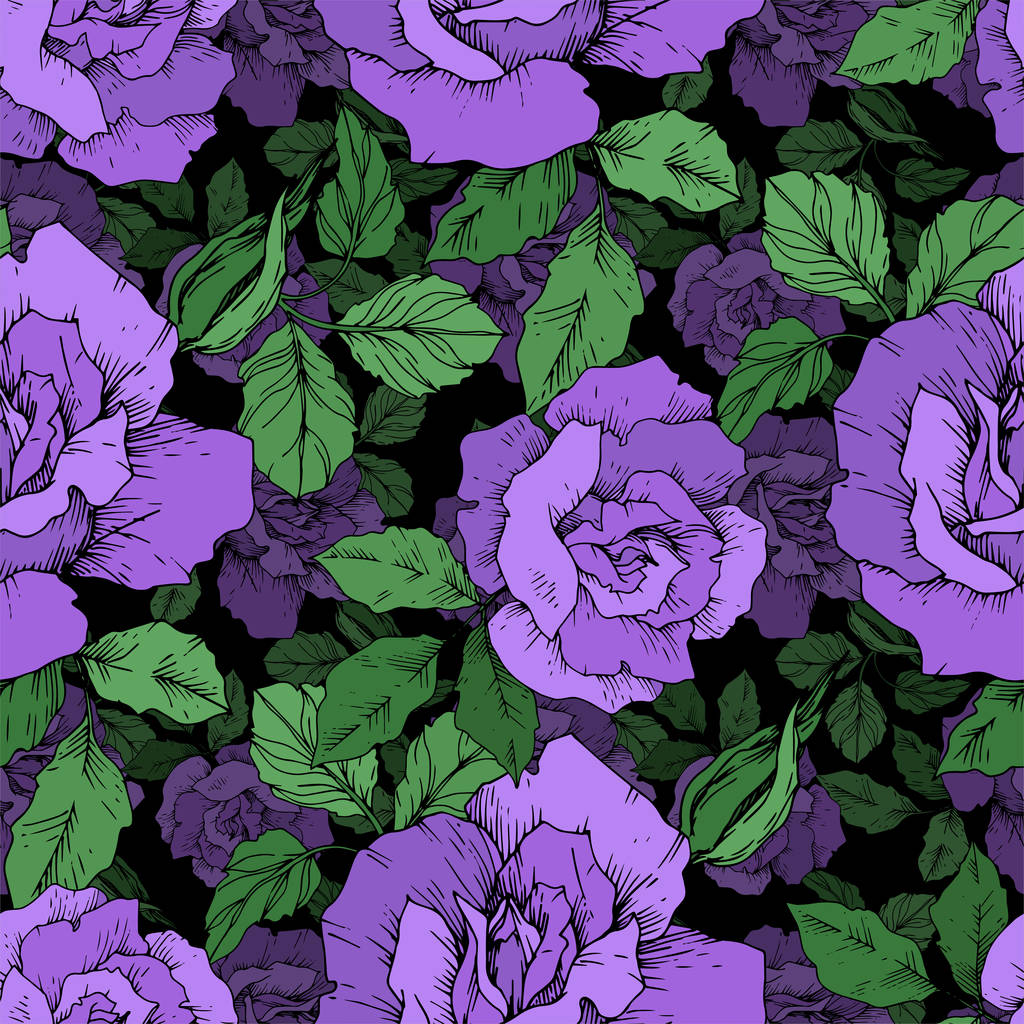Vector Rose flores botánicas florales. Tinta grabada en blanco y negro. Patrón de fondo sin costuras
. - Vector, Imagen