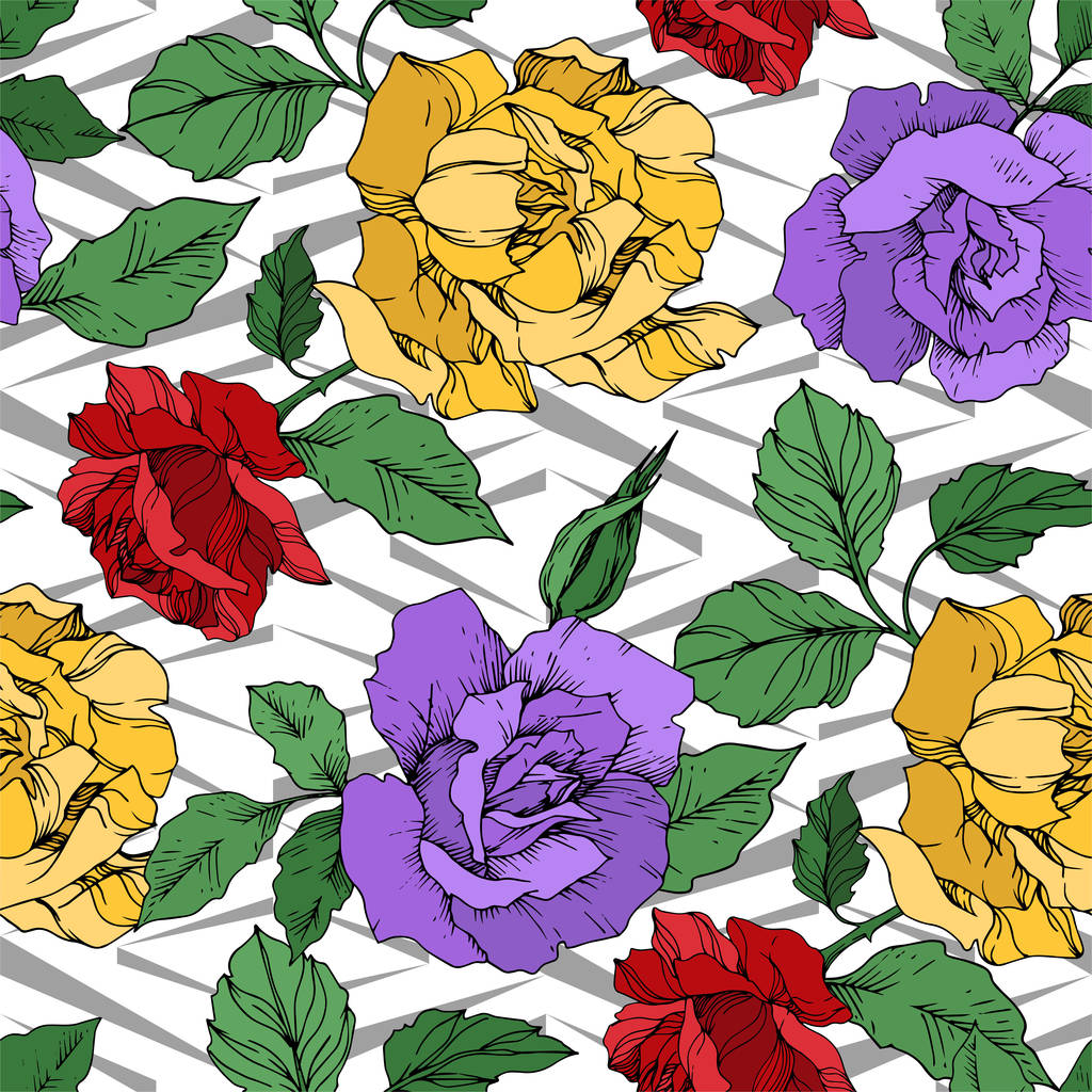Vector roos bloemen botanische bloemen. Zwart-wit gegraveerde inktkunst. Naadloze achtergrond patroon. - Vector, afbeelding