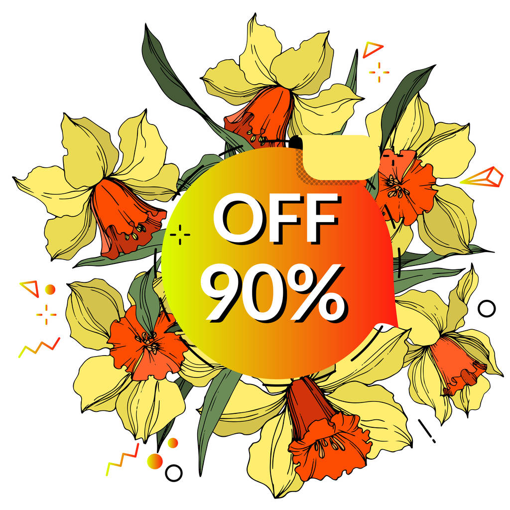Vector Sale tags set. Engraved ink art. Isolated percent sticker illustration. Narcissus floral botanical flower. - Vector, Image