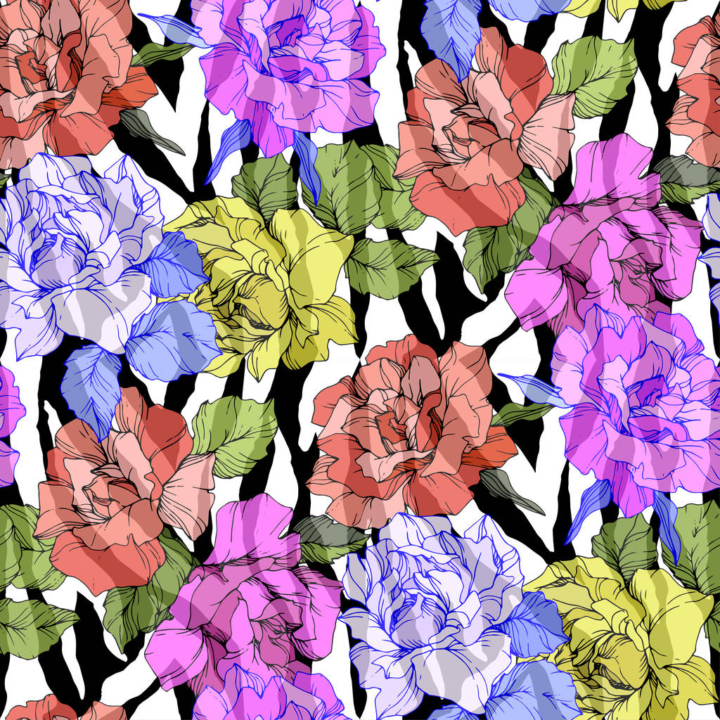 Vektor exotischen Zebra-Print mit botanischen Blumen. Schwarz-weiß gestochene Tuschekunst. nahtloses Hintergrundmuster. - Vektor, Bild