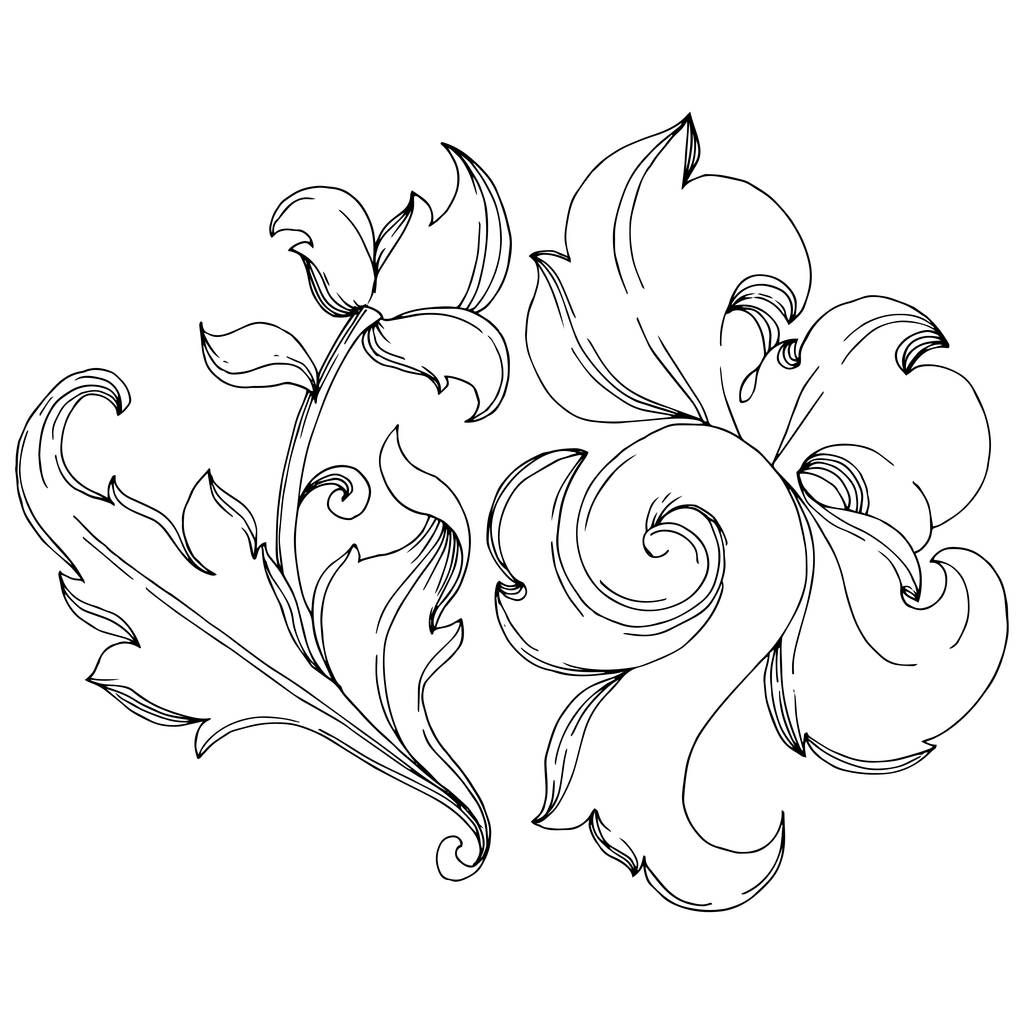 ベクトルバロックモノグラムの花の装飾 バロック様式のデザインは孤立した要素 黒と白の刻まインクアート 白を基調とした独立した装飾イラスト要素 ロイヤリティフリーのベクターグラフィック画像