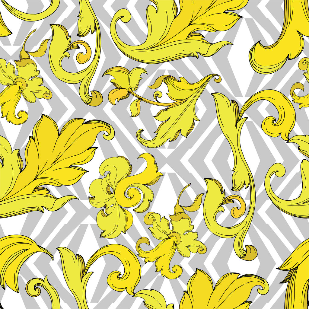 ベクトルゴールドのモノグラムの花の装飾。黒と白の刻まインクアート。シームレスな背景パターン. - ベクター画像