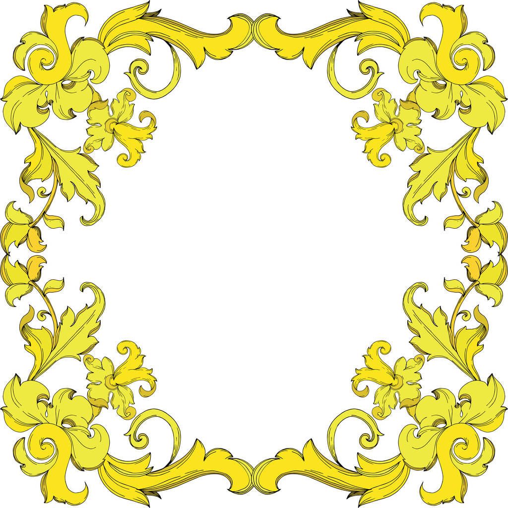Διάνυσμα Χρυσό μονόγραμμα λουλούδι στολίδι. Μαύρο και άσπρο χαραγμένο μελάνι τέχνης. Πλαίσιο σύνορα πλατεία στολίδι. - Διάνυσμα, εικόνα