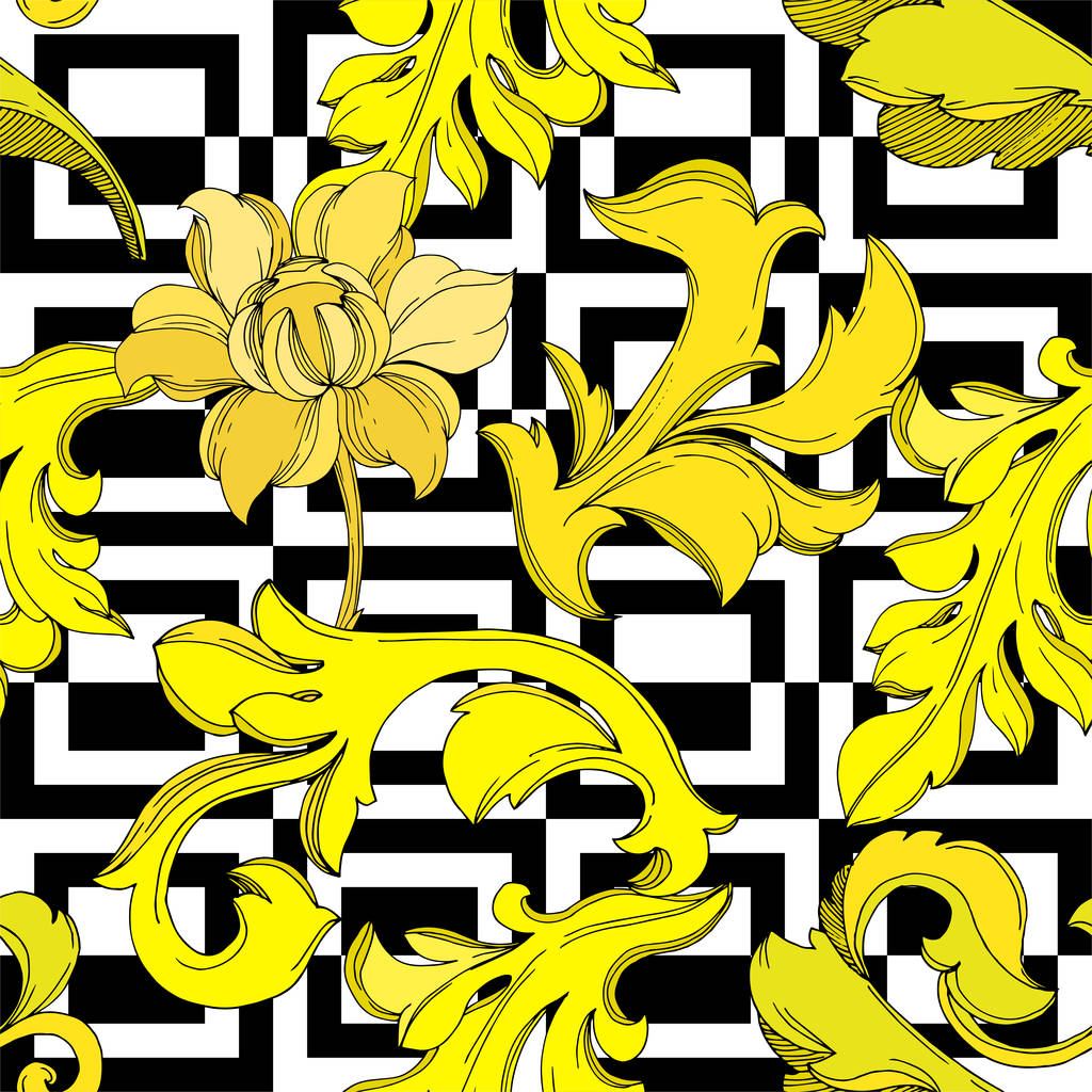Vector Ornement floral monogramme doré. Encre gravée en noir et blanc. Modèle de fond sans couture
. - Vecteur, image