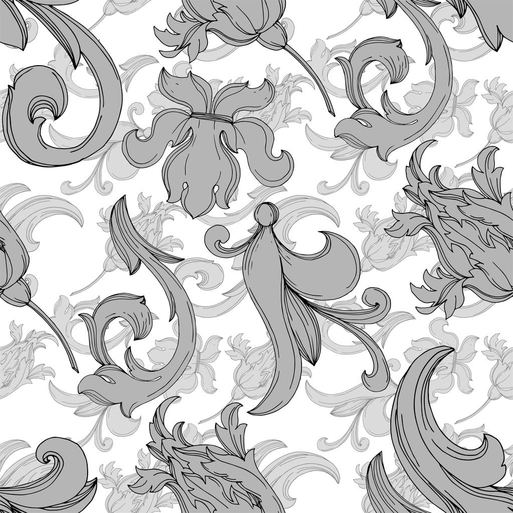Décoration florale vectorielle monogramme baroque. Encre gravée en noir et blanc. Modèle de fond sans couture
. - Vecteur, image